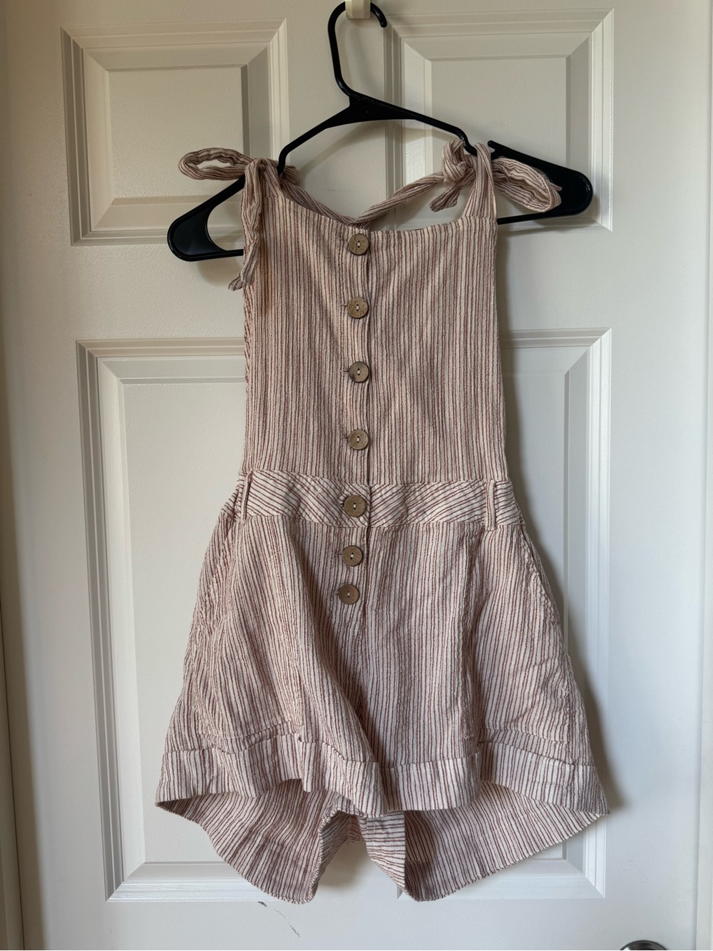 Vintage Havana Striped Tie-Shoulder Button Romper - Rust Stripe
